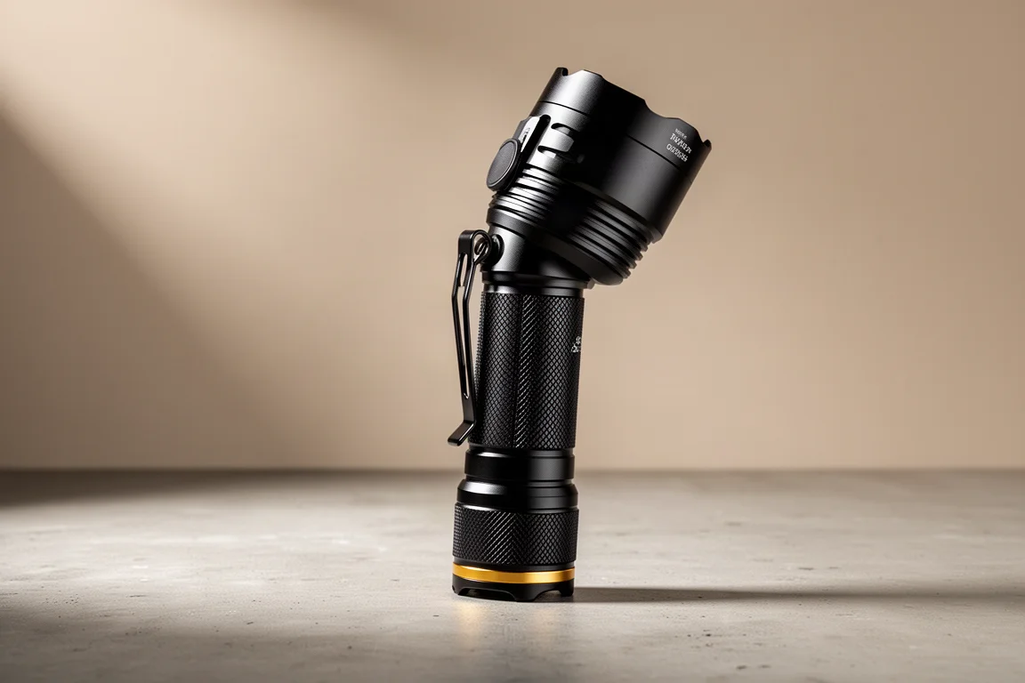 Torcia tattica Fenix PD45R ACE con corpo in alluminio zigrinato e dettaglio dorato sul coda, su cemento