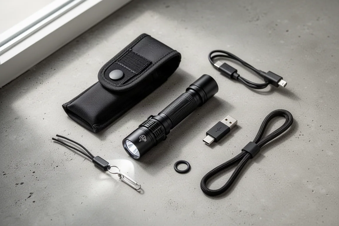 Linterna táctica compacta negra sobre una superficie de hormigón con su funda y cable de carga