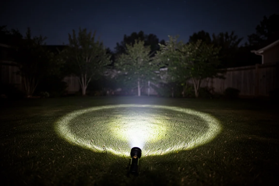 Haz de la linterna proyectando un punto focal brillante sobre un césped oscuro de noche