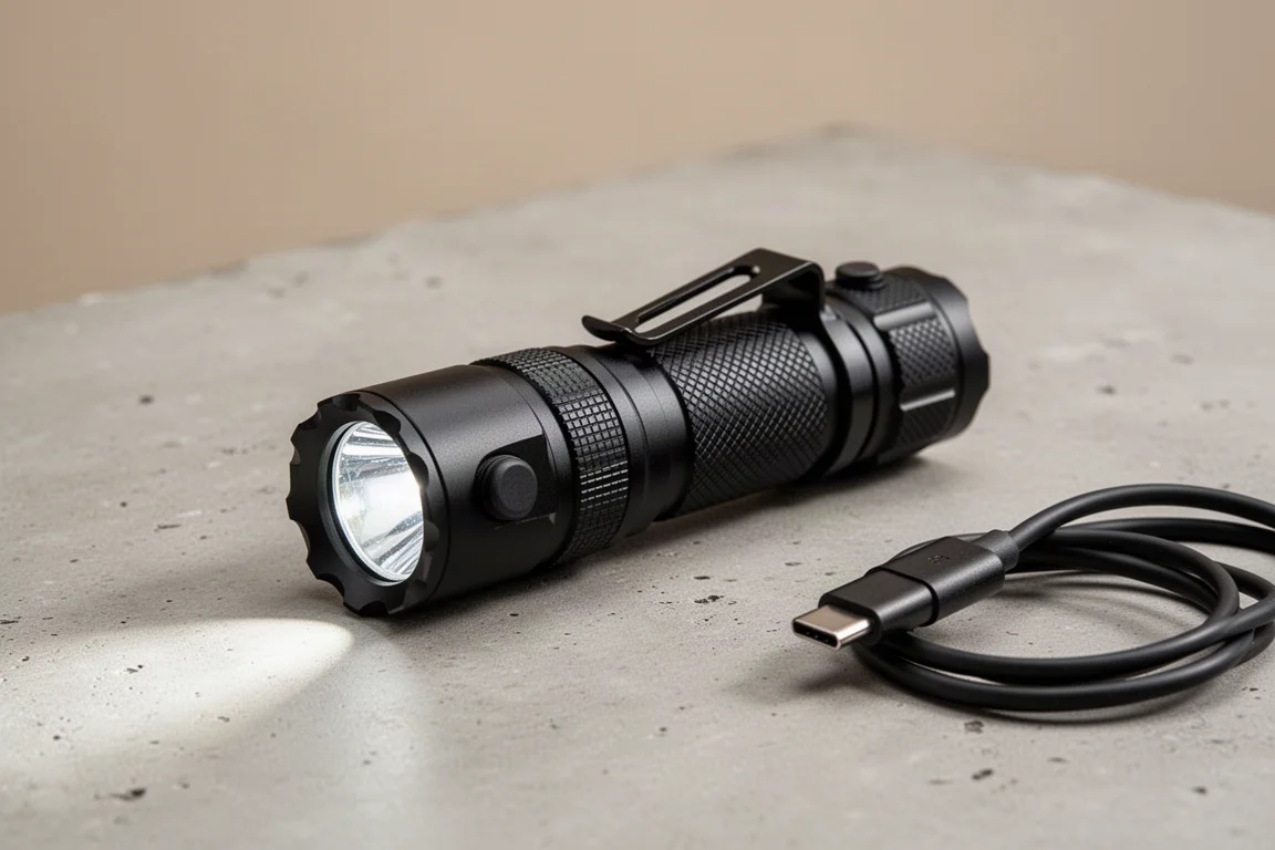Fenix TK05R kompakte schwarze taktische Taschenlampe auf Beton mit Ladekabel
