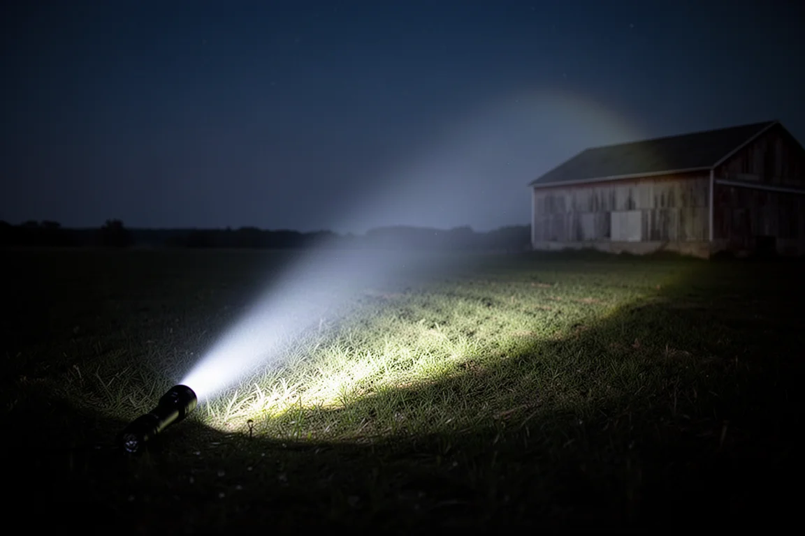 Wiązka światła latarki przecinająca ciemne wiejskie pole nocą