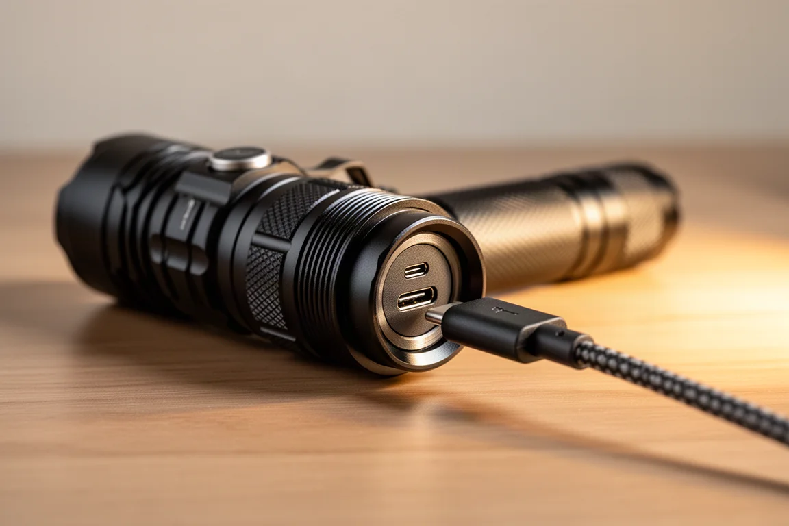 Ładowanie latarki przez USB-C z odkręconym pierścieniem portu