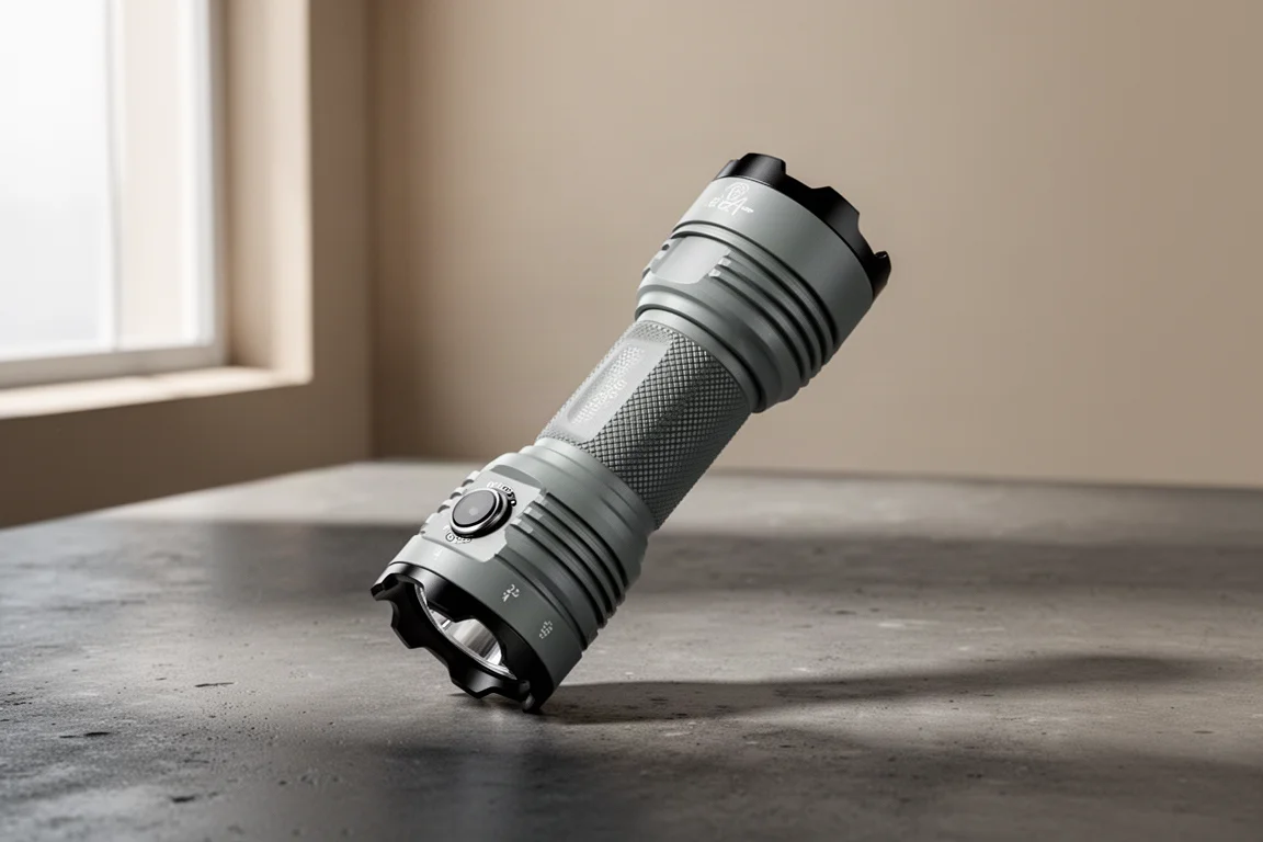 Fenix TK20R UE taktische Taschenlampe in City Grey auf dunkler Betonoberfläche