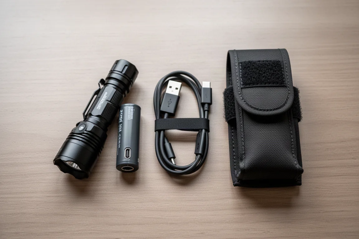 Taktyczna latarka po rozpakowaniu z baterią, kaburem i kablem ładującym USB-C na biurku
