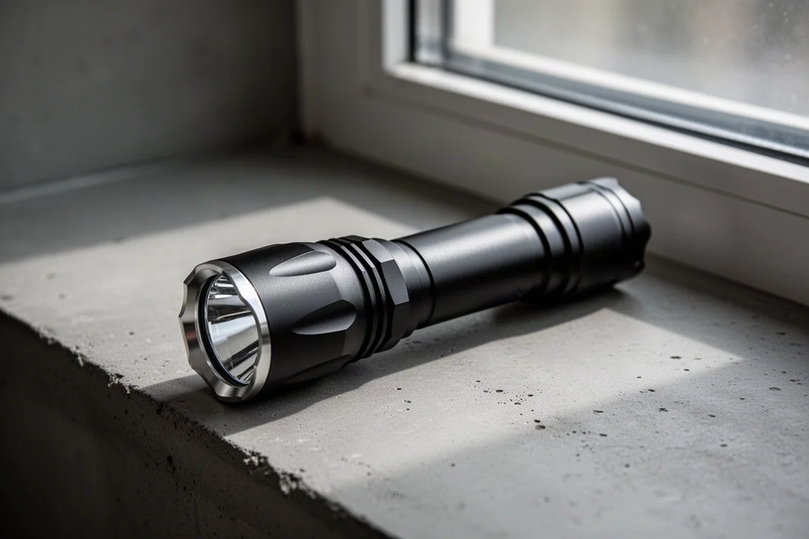 Mattschwarze taktische Taschenlampe liegend auf einer Betonoberfläche im sanften Fensterlicht