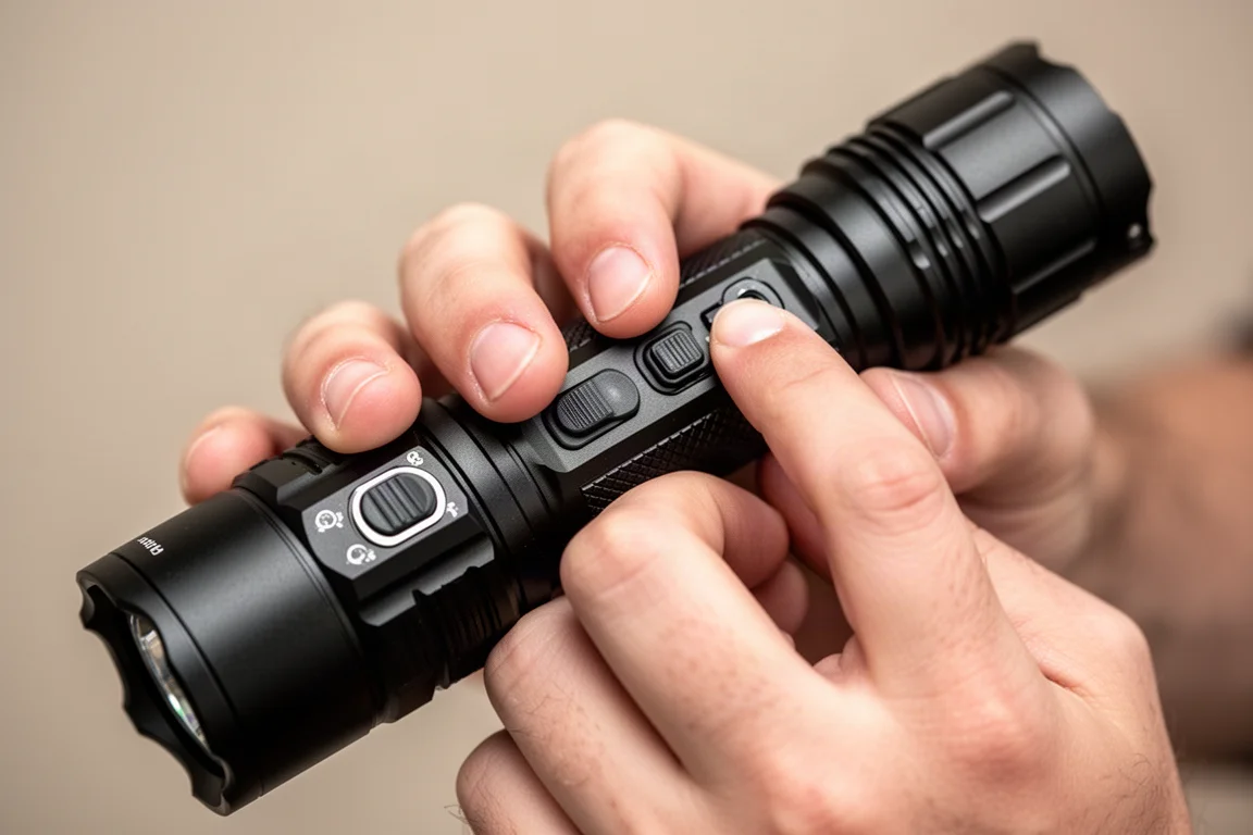 Hand hält eine Taschenlampe mit Dual-Switch in natürlichem Griff, Daumen und Zeigefinger auf den Bedienelementen