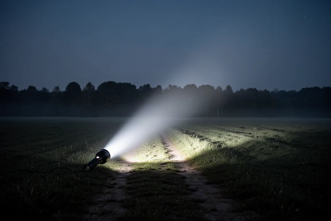 Lichtkegel der Taschenlampe schneidet durch die Dunkelheit in Richtung einer fernen Baumreihe