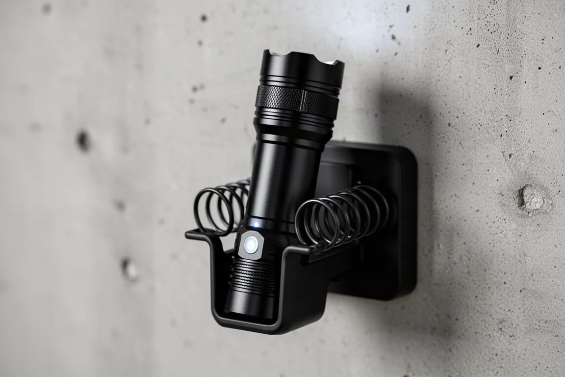 Taschenlampe sitzt in einem magnetischen Wand-Ladecradle, rote Ladeanzeige leuchtet