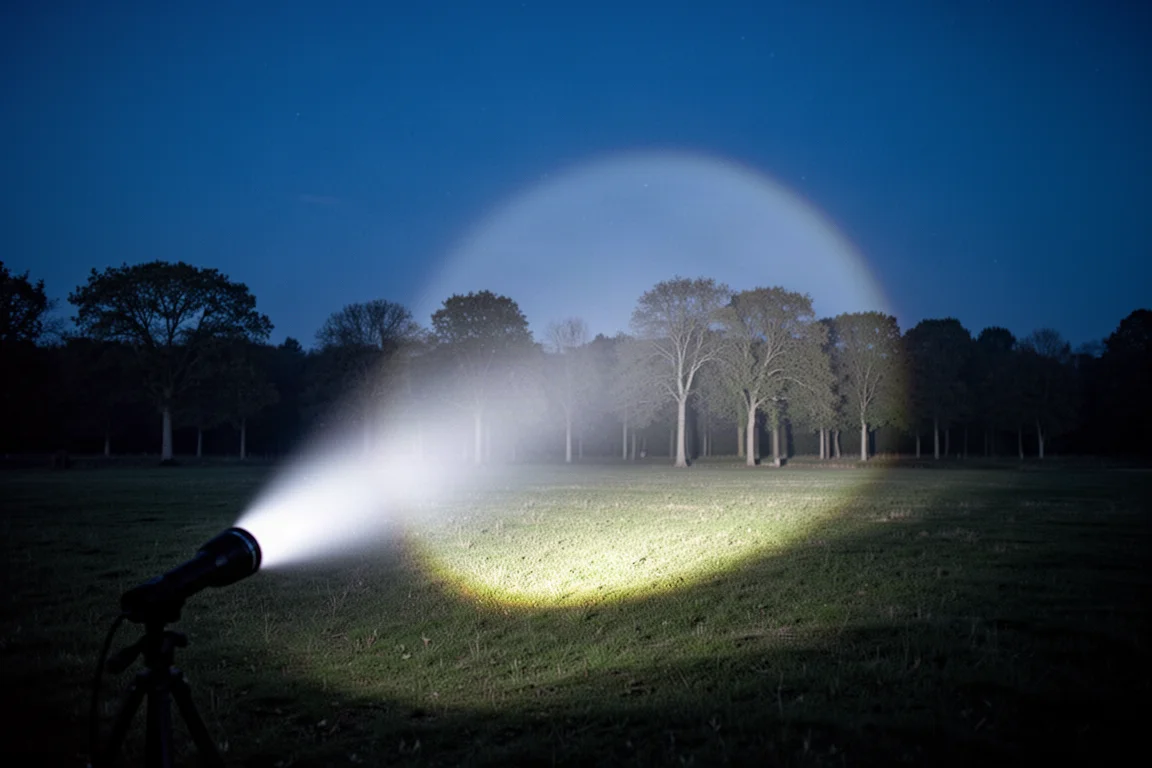 Lichtkegel der Taschenlampe streicht nachts über ein dunkles Feld und beleuchtet entfernte Bäume
