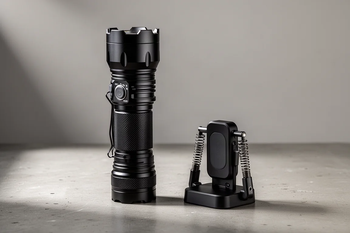 Fenix WF26R Taschenlampe steht neben ihrem magnetischen Ladecradle auf einer Betonoberfläche