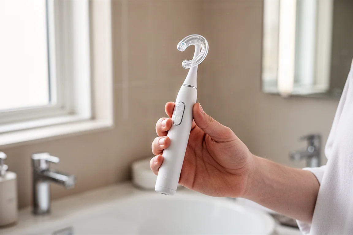 Persona che tiene uno spazzolino a mascherina in un bagno moderno e luminoso