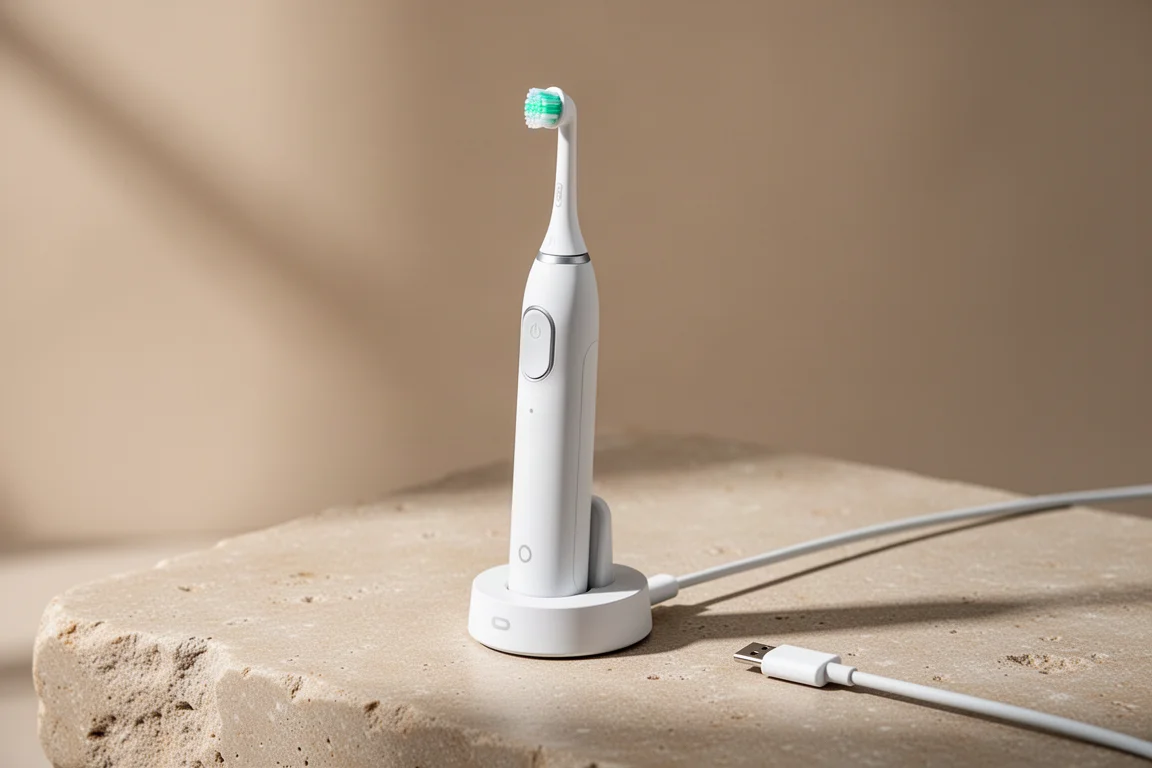 Base di ricarica magnetica con spazzolino intelligente collegato tramite cavo USB-C