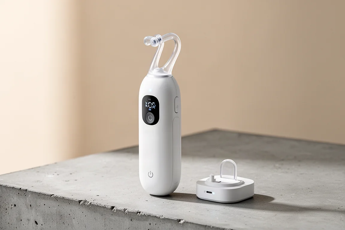 Feno Smartbrush 白色咬合式電動牙刷，搭配磁吸充電座，置於水泥表面上