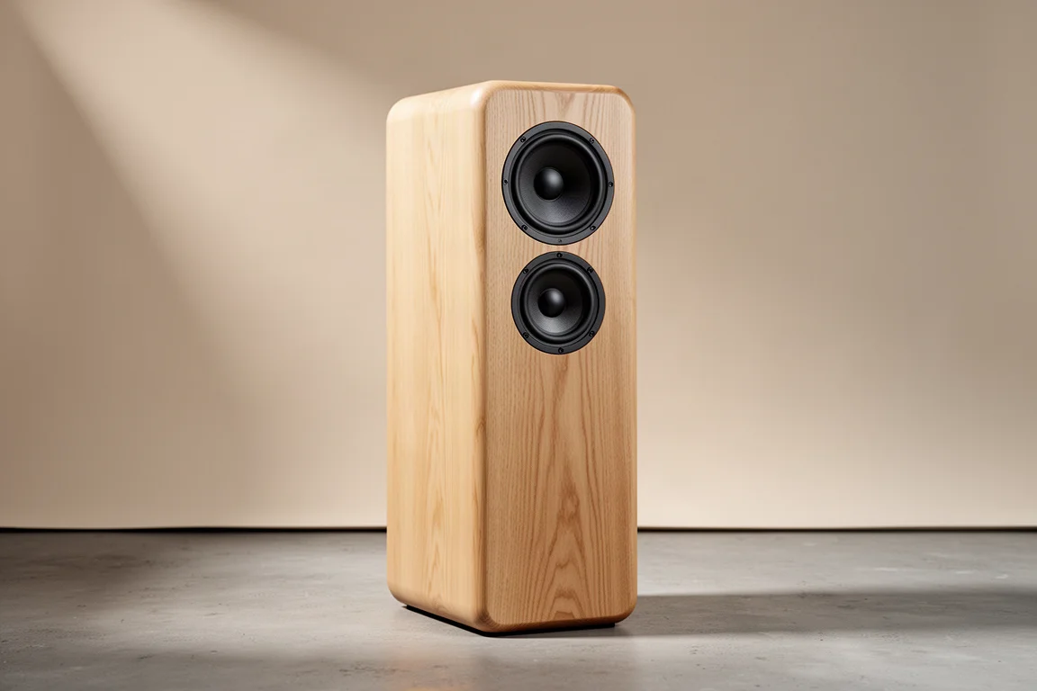 Solid ash wood hi-fi loudspeaker with a single full-range driver on a neutral backdrop