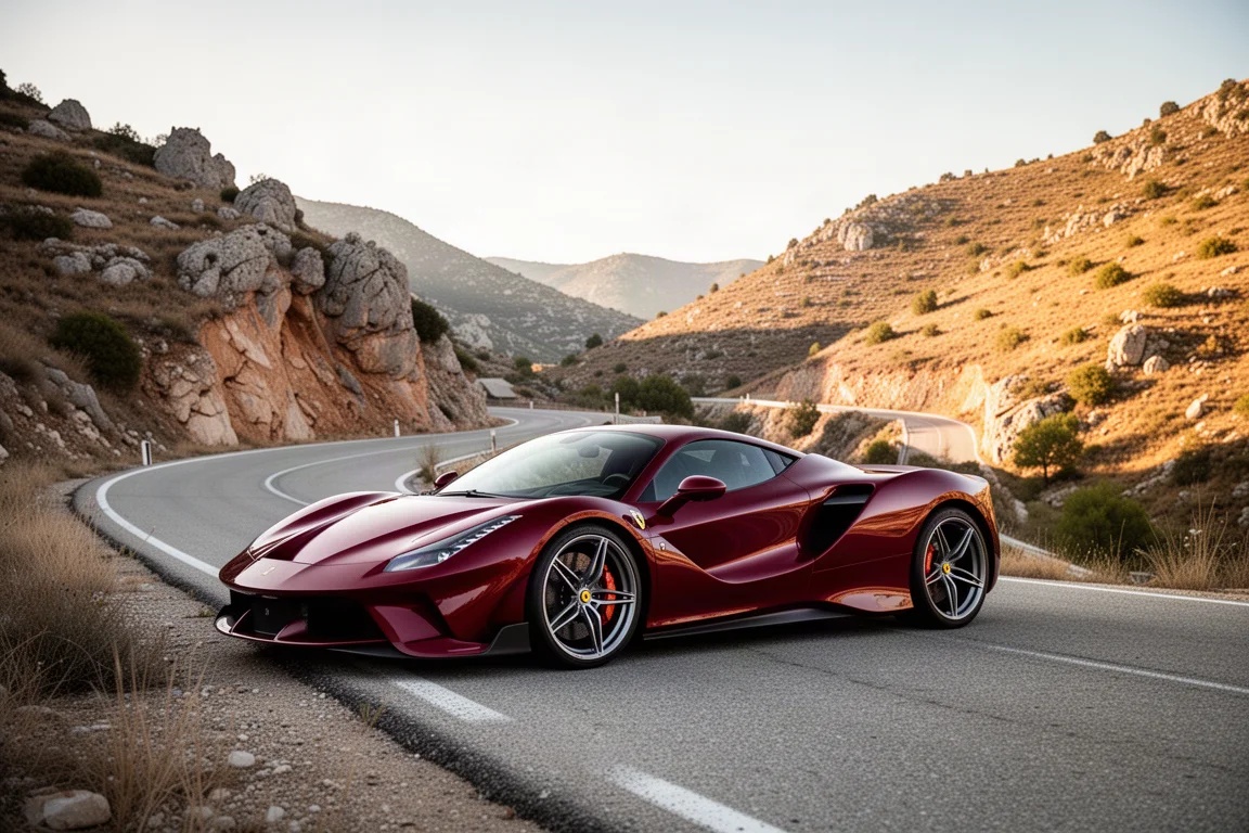 Nowoczesne czerwone hybrydowe supercar zaparkowane na cichej górskiej drodze w południowej Europie