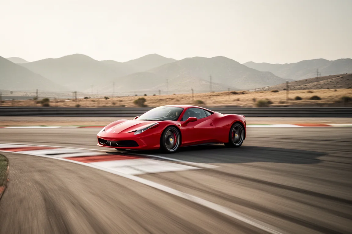 Supercar z dużą prędkością na torze wyścigowym w tle gór