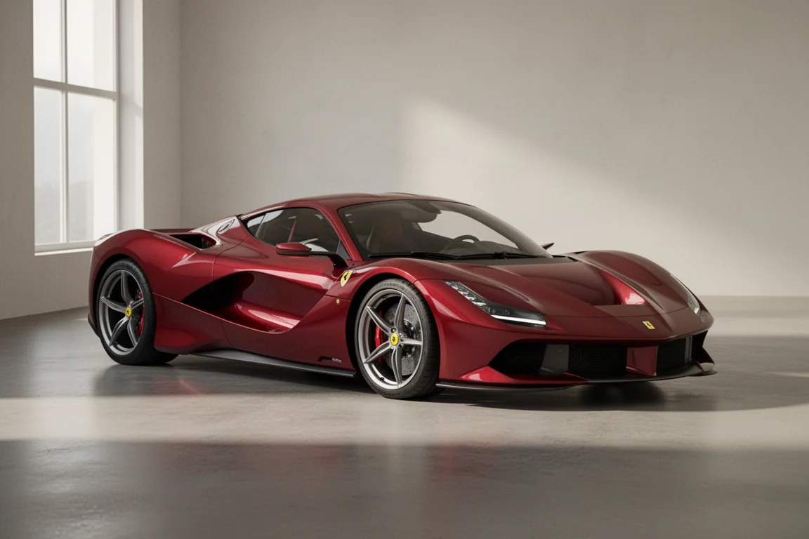 Red mid-engined hybrid supercar parked in a minimal bright architectural space