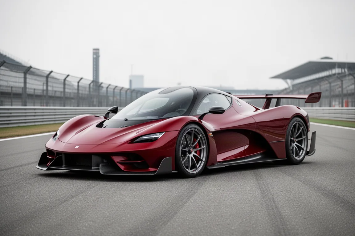 Czerwony hypercar Ferrari F80 sfotografowany pod kątem trzy czwarte na asfalcie toru wyścigowego