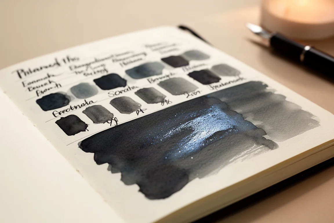 Campione di inchiostro in uno sketchbook che mostra un antracite con shimmer argenteo bluastro
