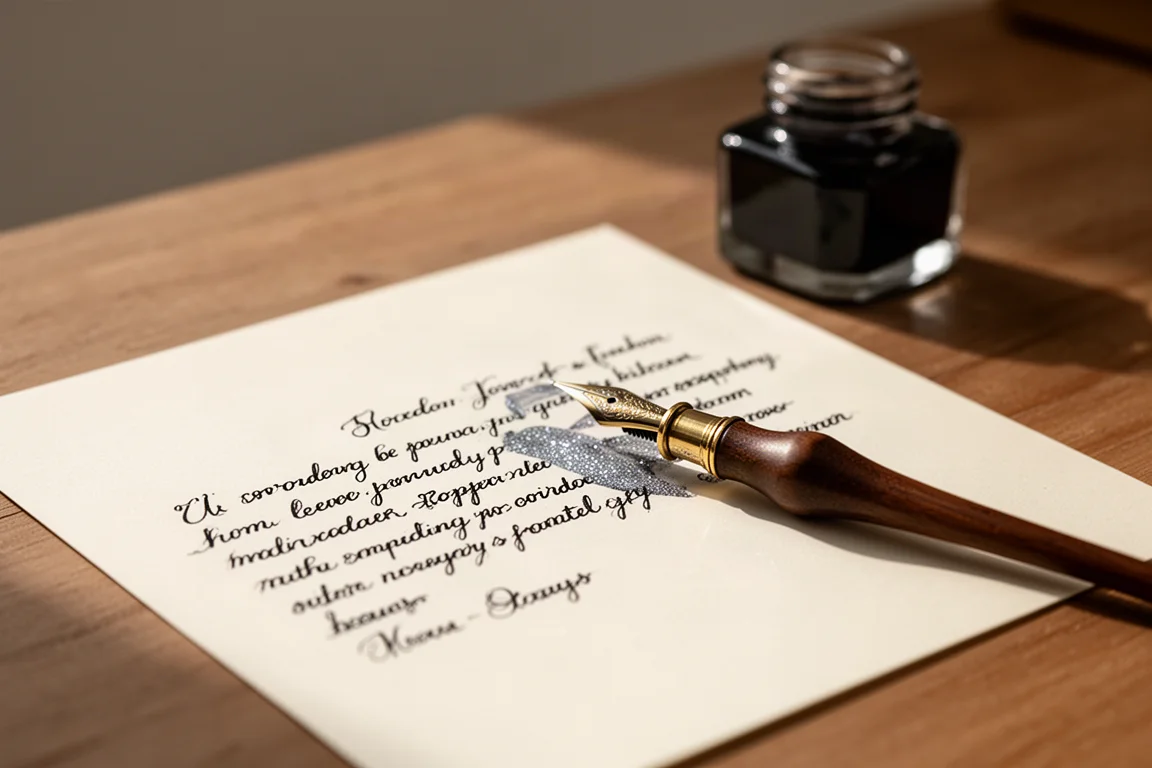 Penna a immersione che scrive una lettera con inchiostro scuro luminoso su carta color crema