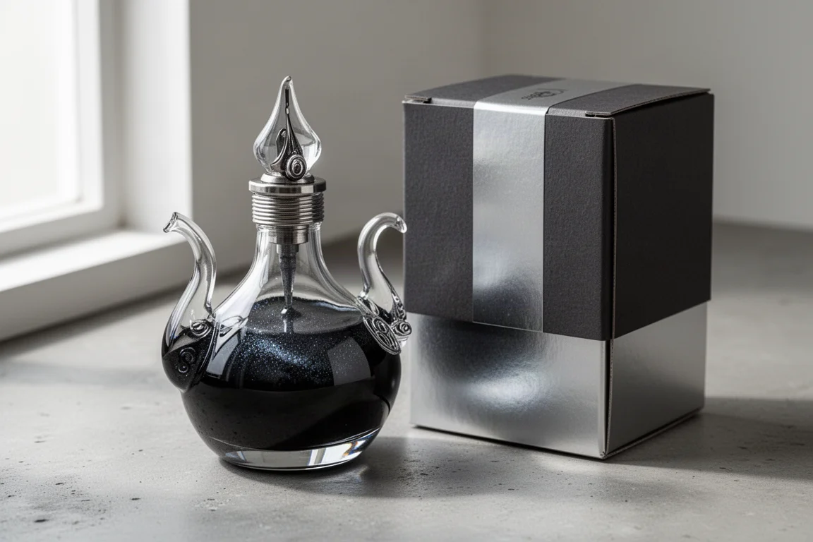 Dark charcoal shimmer ink bottle with genie-bottle shape beside its charcoal and silver box