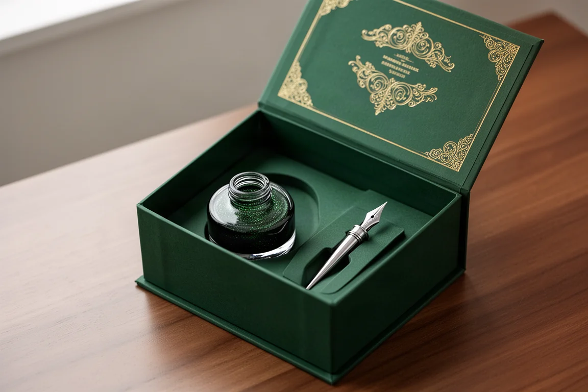 Dekorative Geschenkbox mit Goldprägung und einer grünen Shimmer-Tintenflasche darin