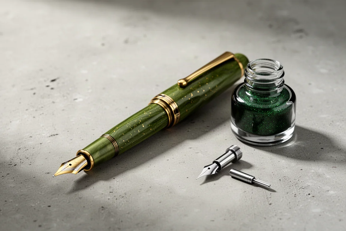 Moss green lacquered fountain pen with ring-shaped cap band beside a green shimmer ink bottle