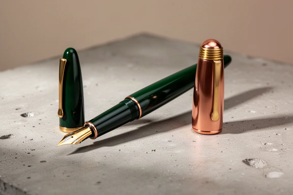 Slim dark green lacquered fountain pen with gold-plated nib on concrete surface