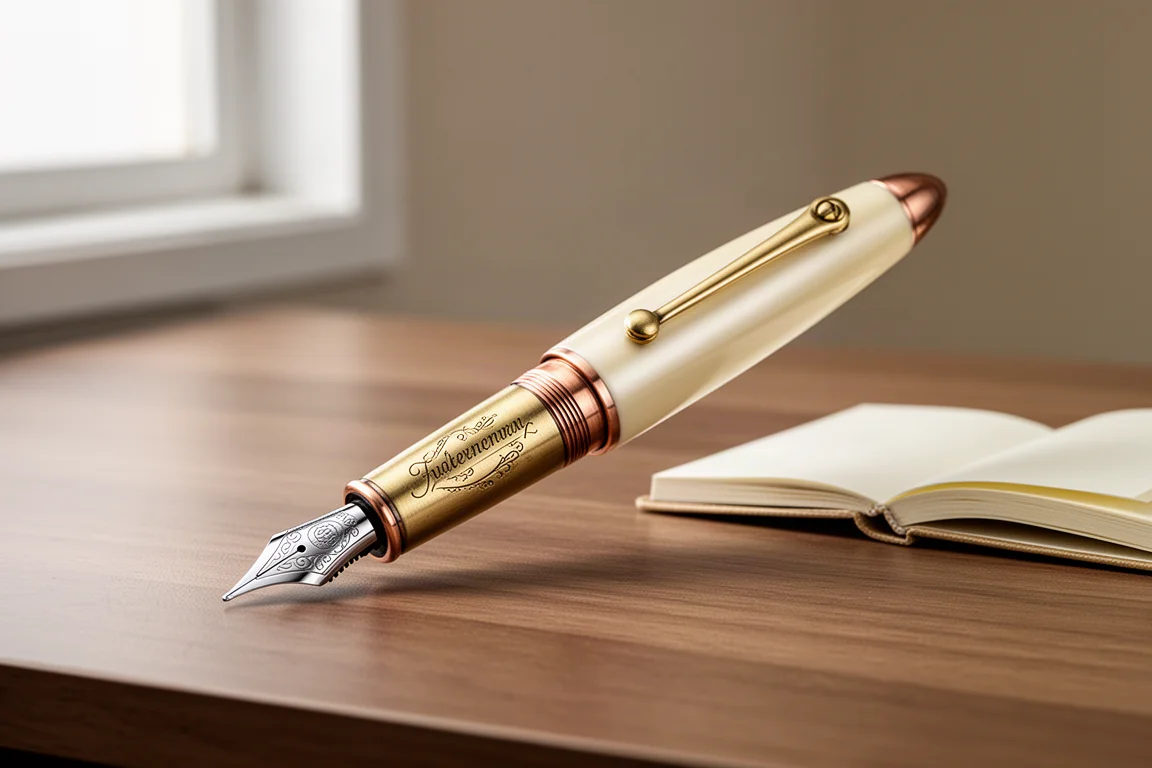 Cream satin fountain pen with brass bolt cap lying on a wooden desk beside a journal