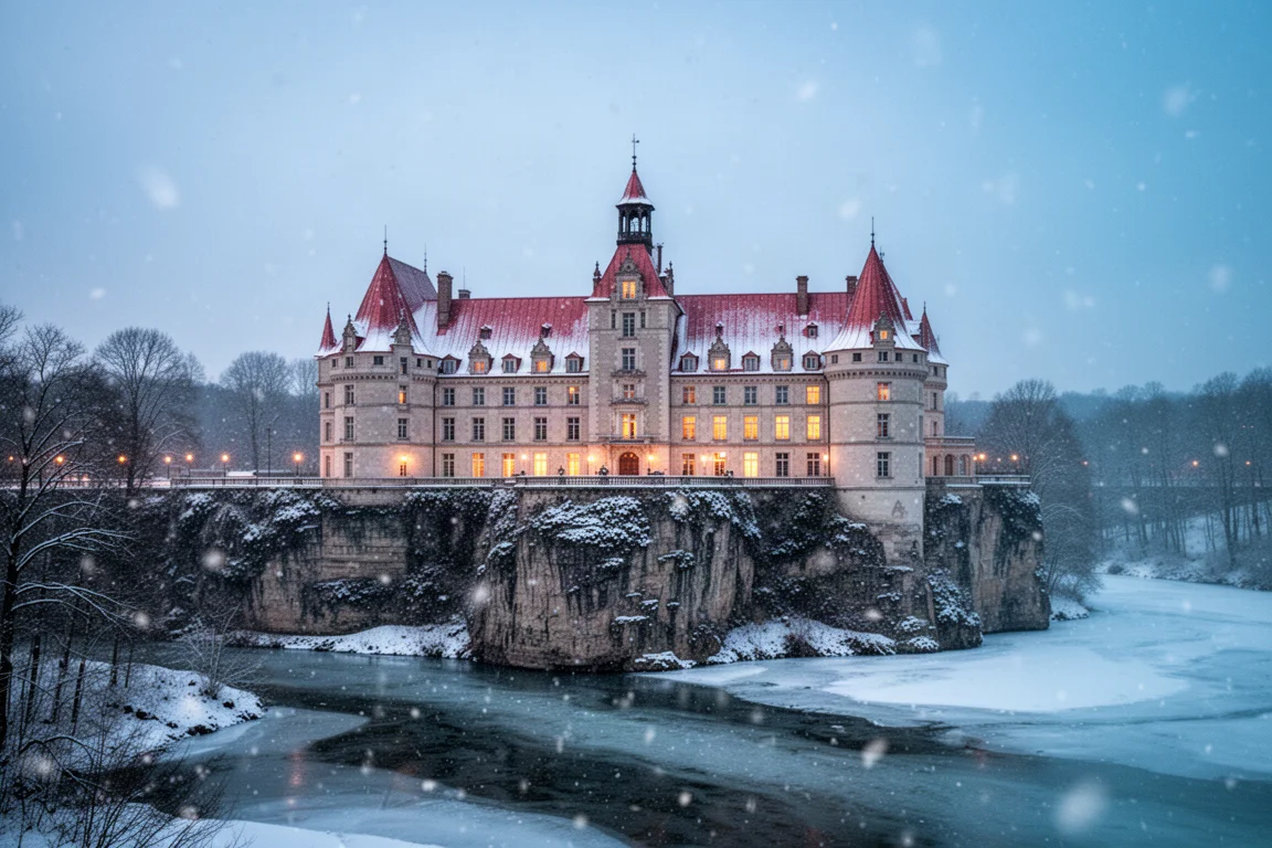 Schneefall über einem prachtvollen Schloss-Hotel oberhalb eines zugefrorenen Flusses