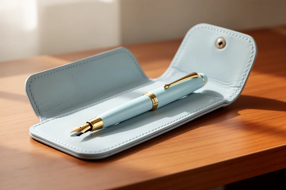 Brass fountain pen resting in an open leather pen sleeve on a desk