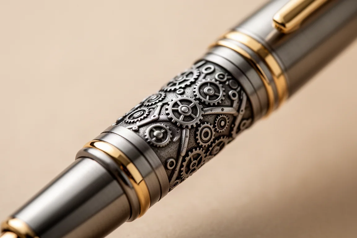 Close-up of an engraved metal fountain pen section with intricate patterning