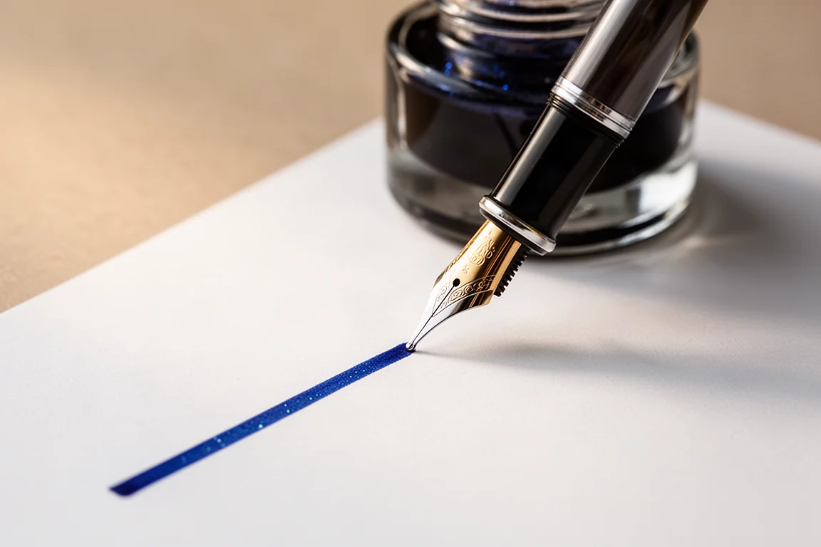 Fountain pen writing a smooth line of blue ink on white paper
