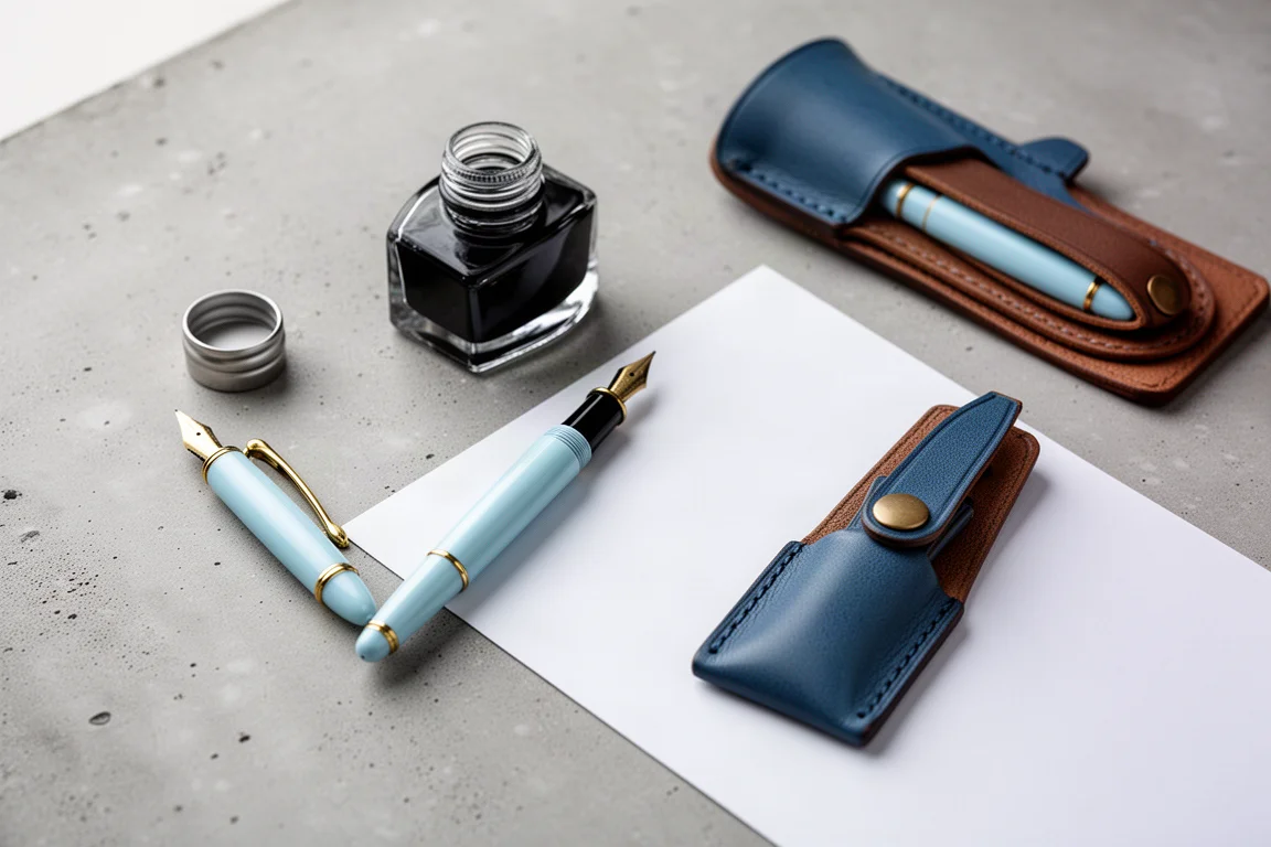 Fountain pen, ink bottle, and paper arranged on a writing desk