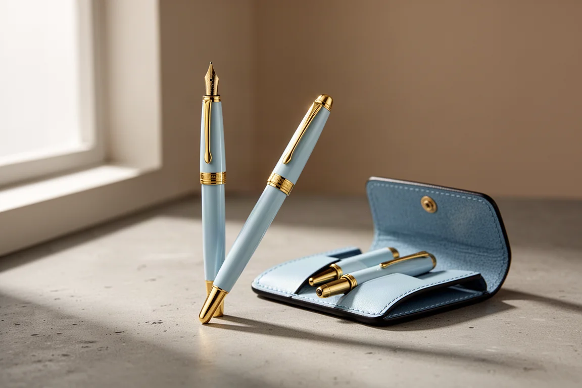 Ferris Wheel Press Jewel fountain pen in Luna Celeste with leather sleeve