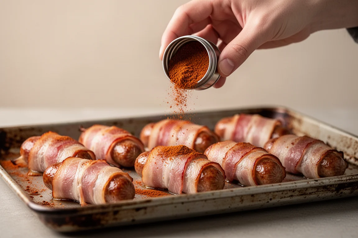 Pigs in blankets fresh from the oven being sprinkled with a spice blend
