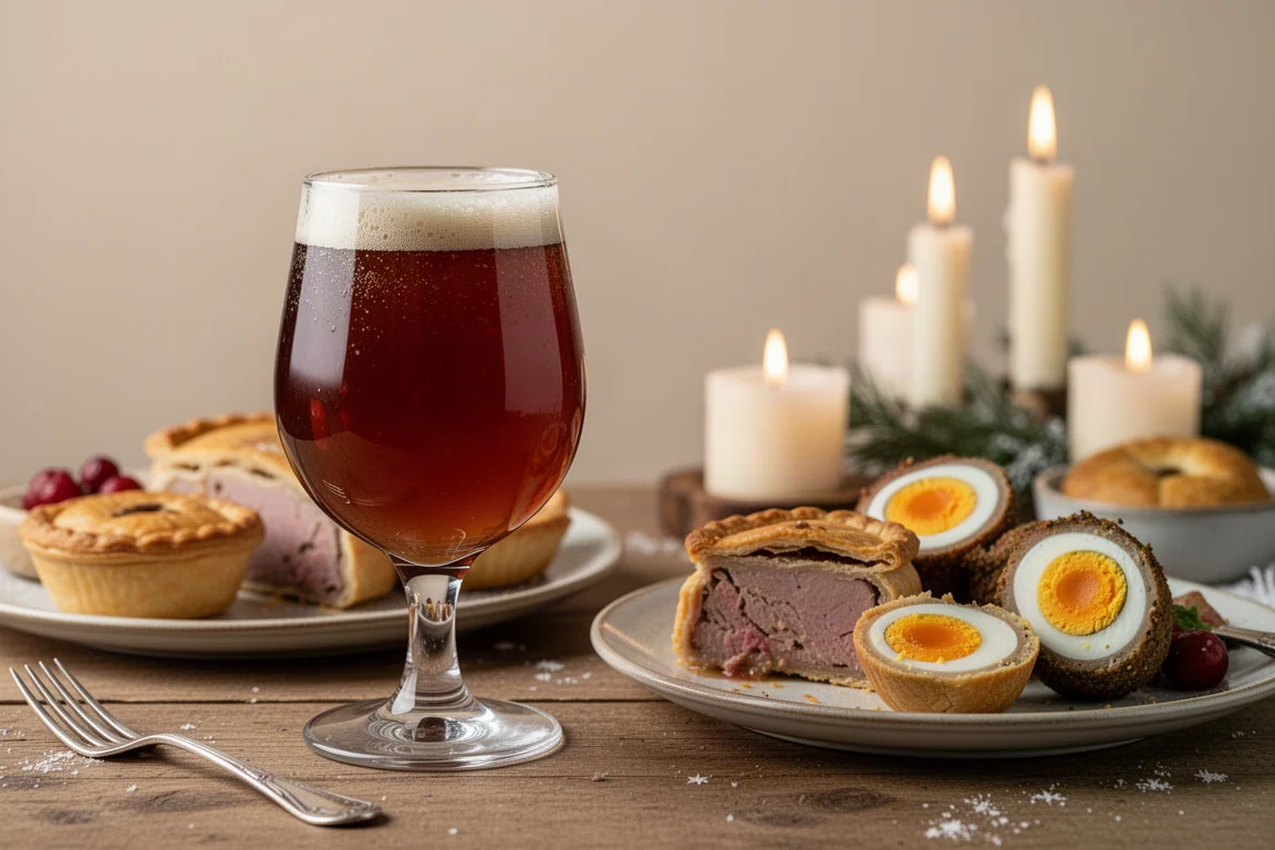 A dark winter ale poured into a glass beside a festive spread
