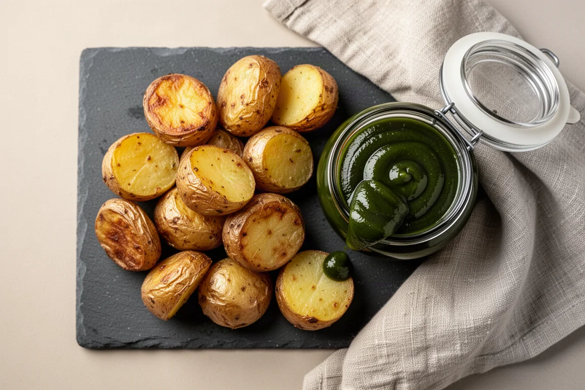 Cold roast potatoes dipped into a jar of green ketchup