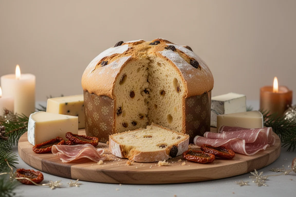 A savoury panettone-style loaf sliced on a cheese and charcuterie board