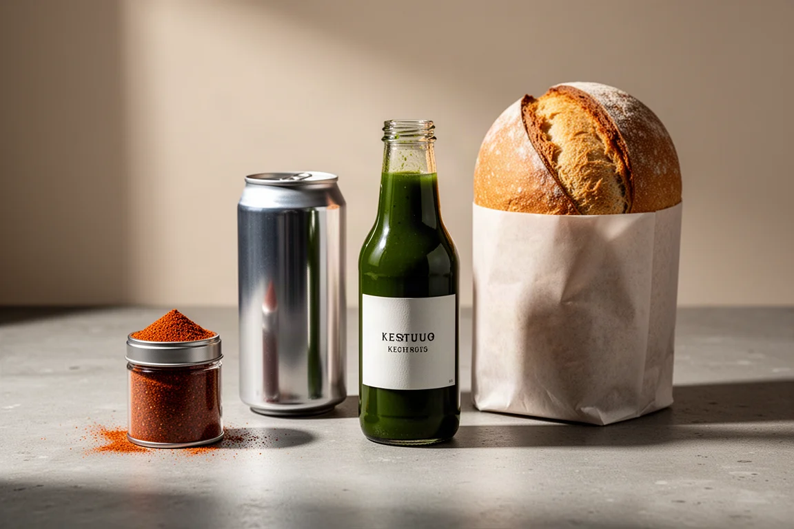 Four festive food products including a spice tin, a can, a green ketchup bottle, and a wrapped loaf