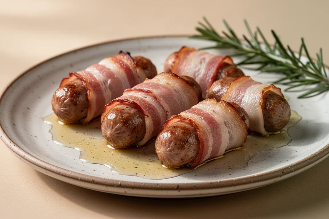 Goldbraune Pigs in Blankets, frisch aus dem Ofen, auf einem Keramikteller