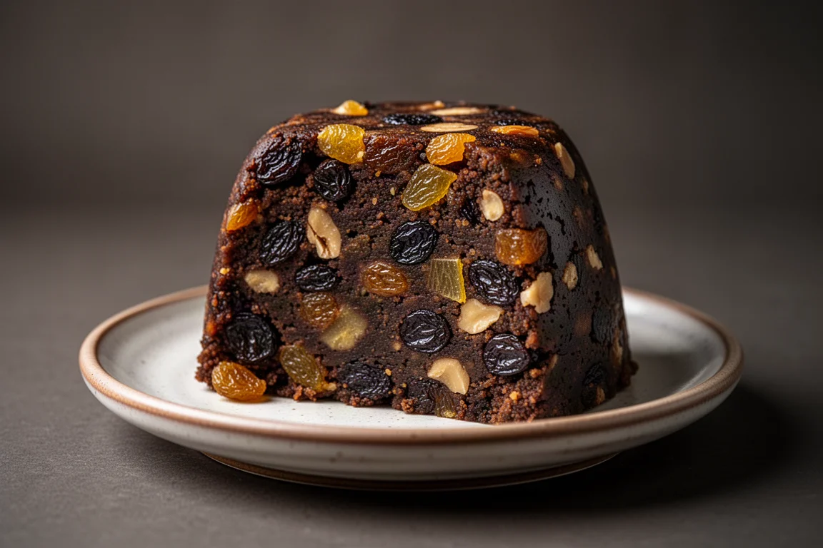 Ein Stück saftiger Christmas Pudding mit sichtbaren Früchten und Nüssen