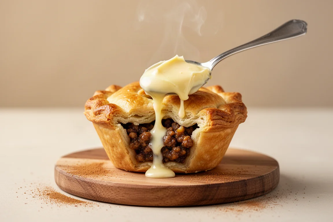 Ein Mince Pie mit einem Löffel Brandy Butter auf einem Holzbrett