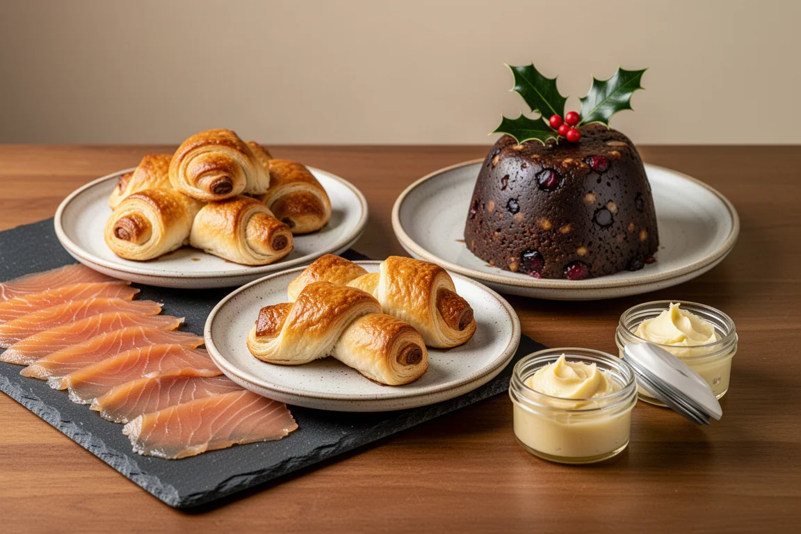 Tavola festiva con salmone affumicato, pigs in blankets, plum-pudding e burro al brandy