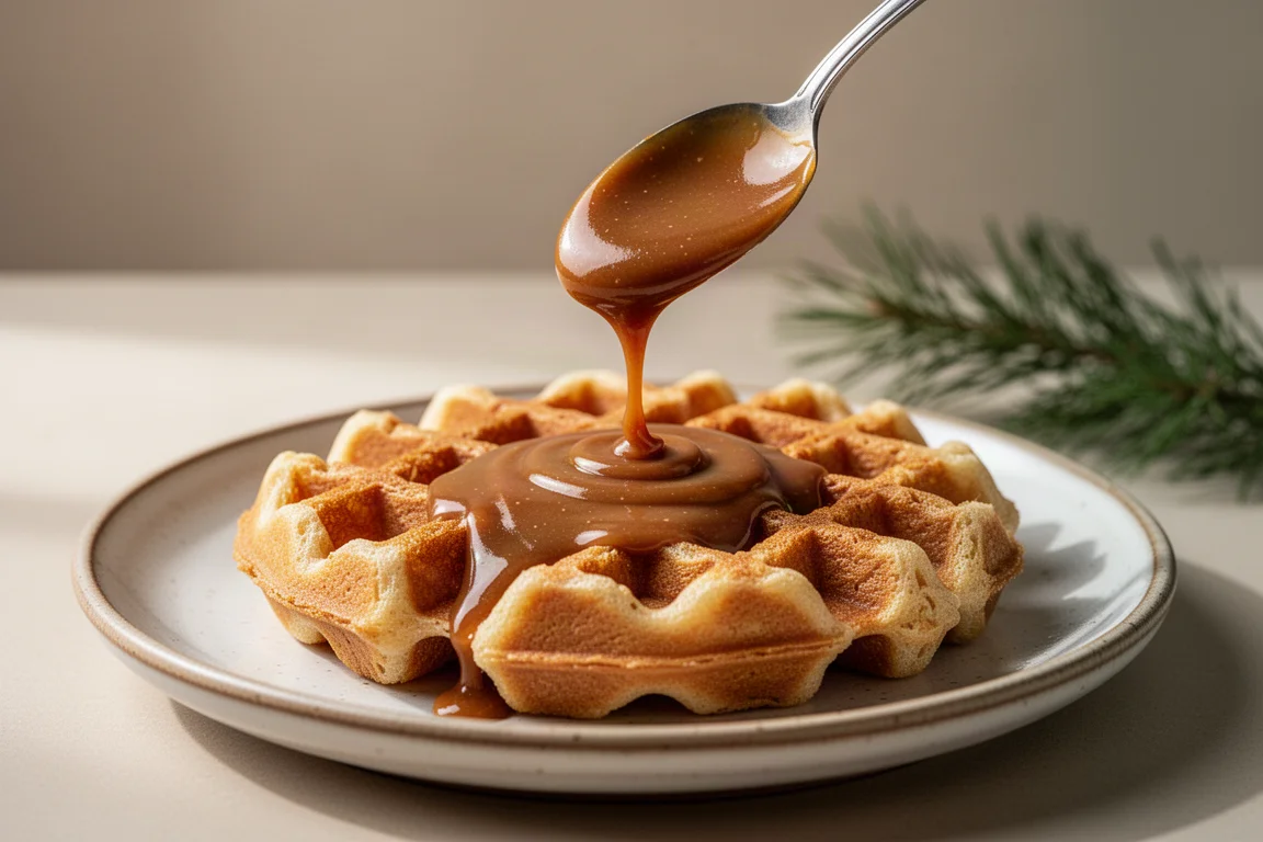 Jar of caramel gingerbread spread drizzled over a warm waffle