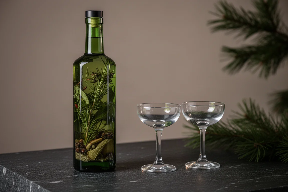 Green glass bottle of festive vodka on a bar counter with glassware