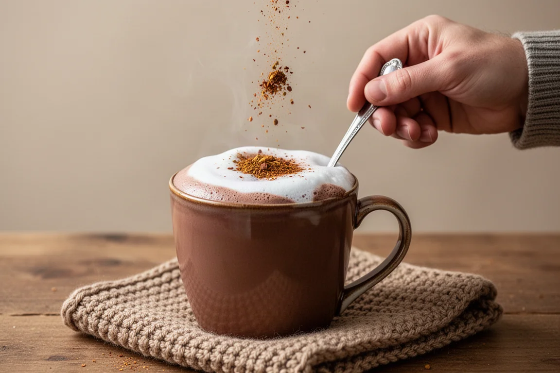Hand stirring festive spice blend into a steaming mug of hot chocolate