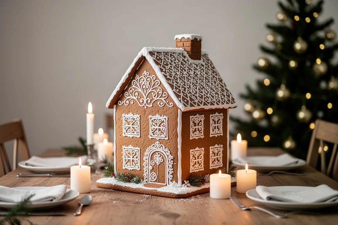 Decorated gingerbread house standing as a centrepiece on a Christmas table