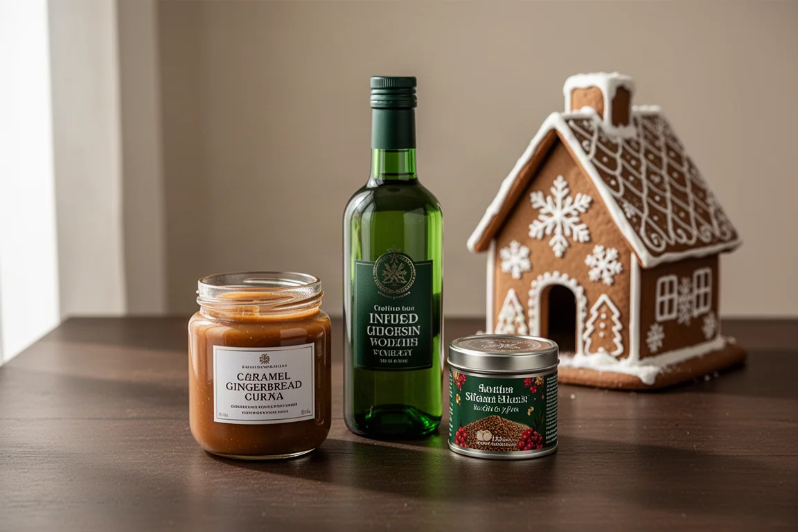 Festive arrangement of gingerbread spread, green vodka bottle, spice tin, and gingerbread house on a wooden table