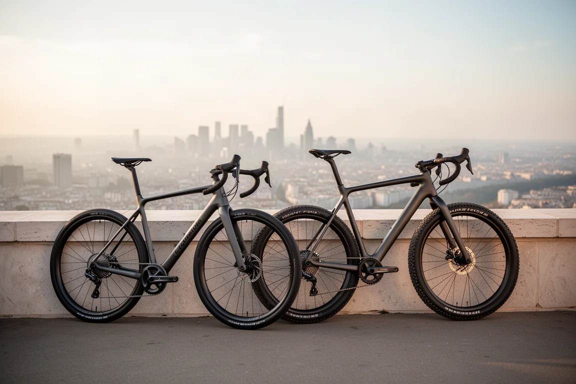 Two hand-built carbon bicycles leaning against a stone parapet at a city viewpoint